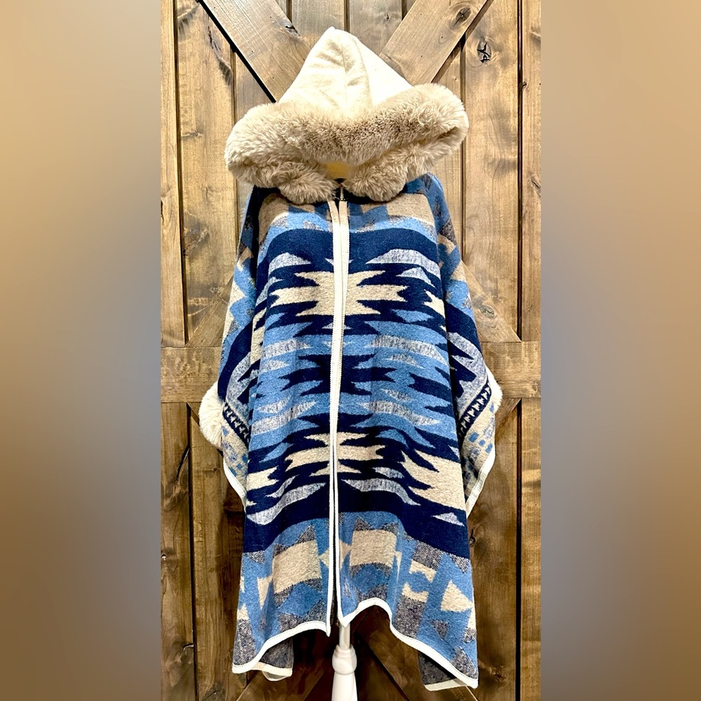 NWT On Blue Aztec Patterned Faux Fur Poncho Coat